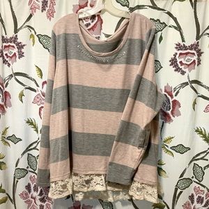 Cato 26/28W Dusty Pink and Grey Striped Top